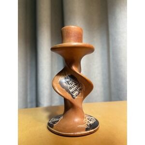 Vintage Kenyan Carved Soapstone Candlestick Holder. Twisted W/Fish Etchings 5"T